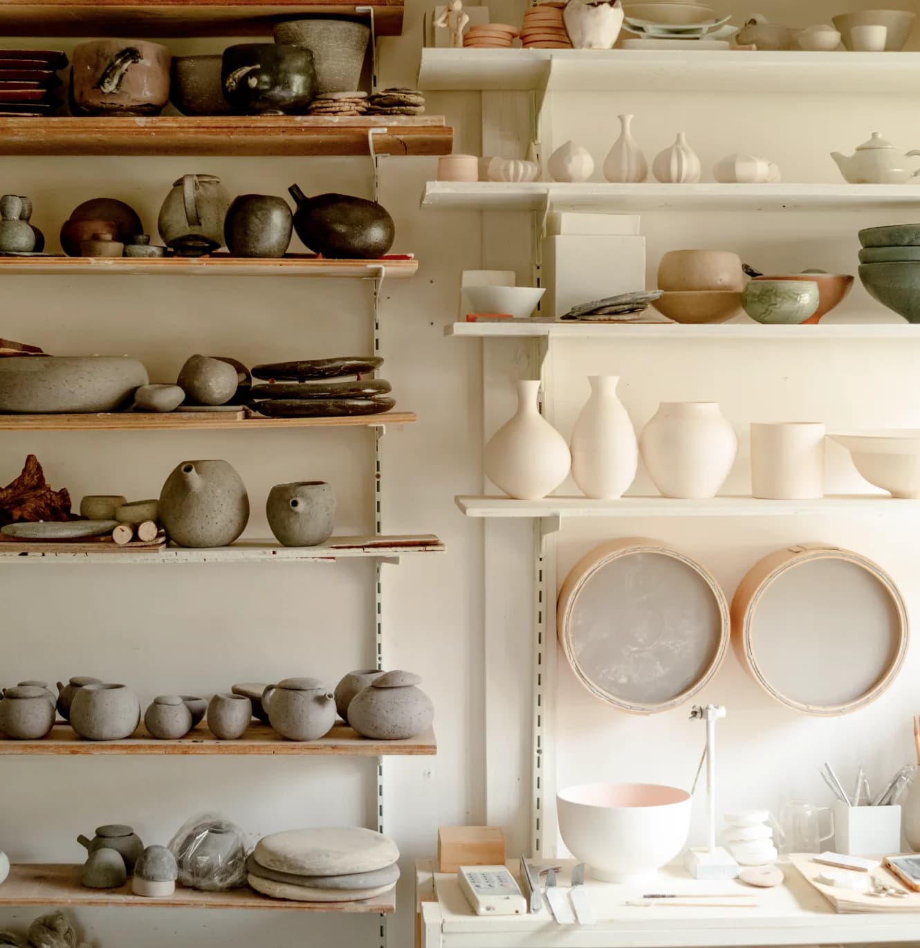 Potter shaping clay on wheel in workshop